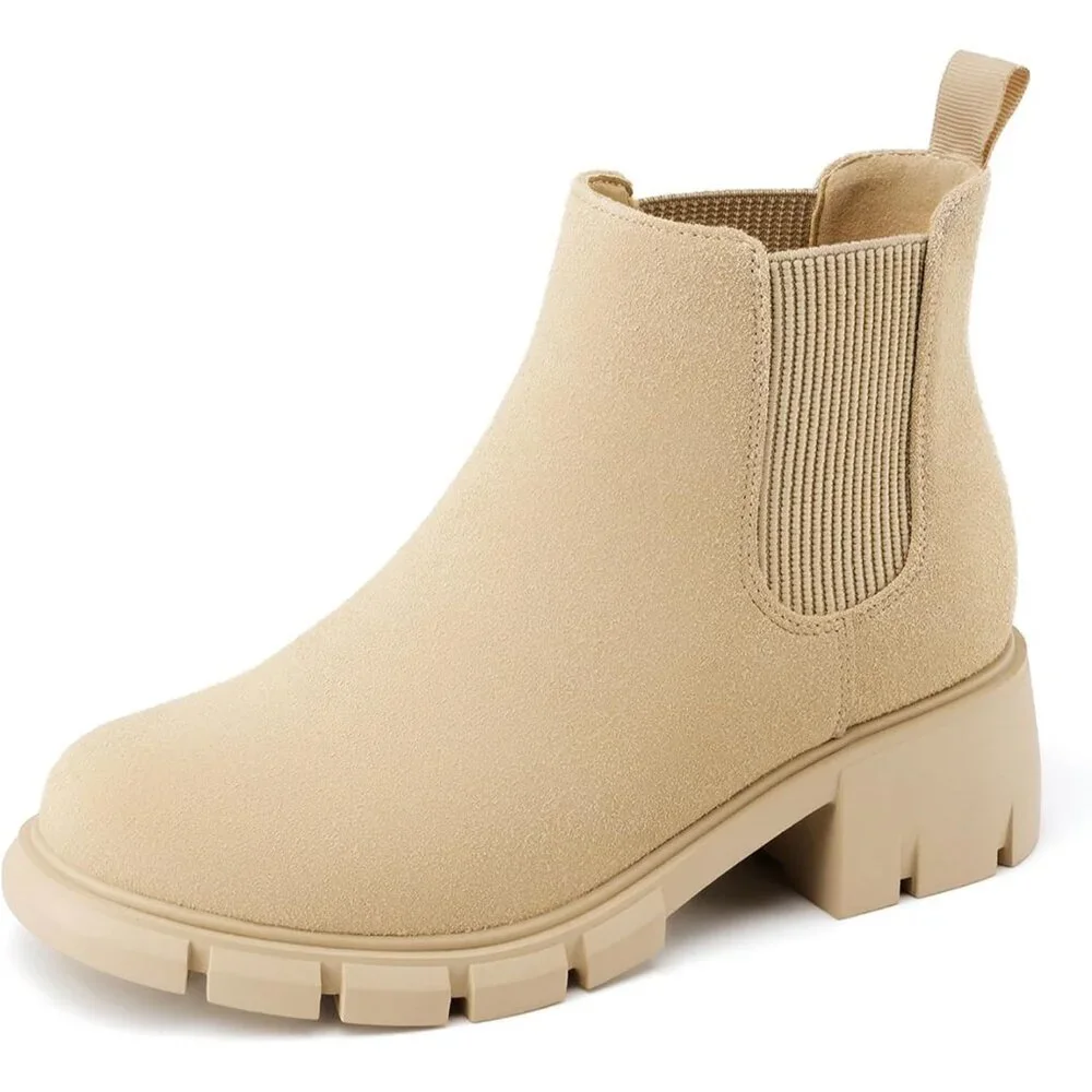 🆕Girls Apricot Polyurethane Cowgirl Ankle Comfortable Slip on Lug Sole Boot